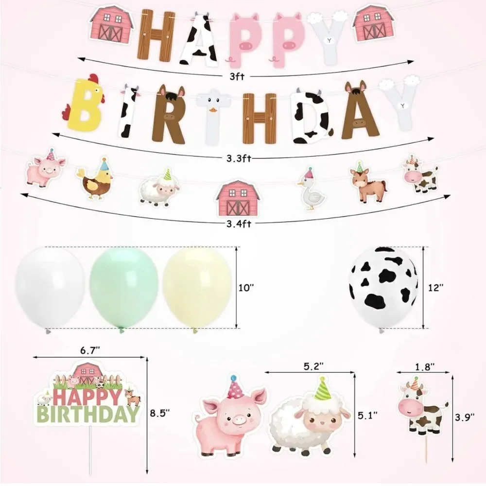 Farm Animals Birthday Party Barnyard Decor Banner Cake Topper Balloon Hat Pastel